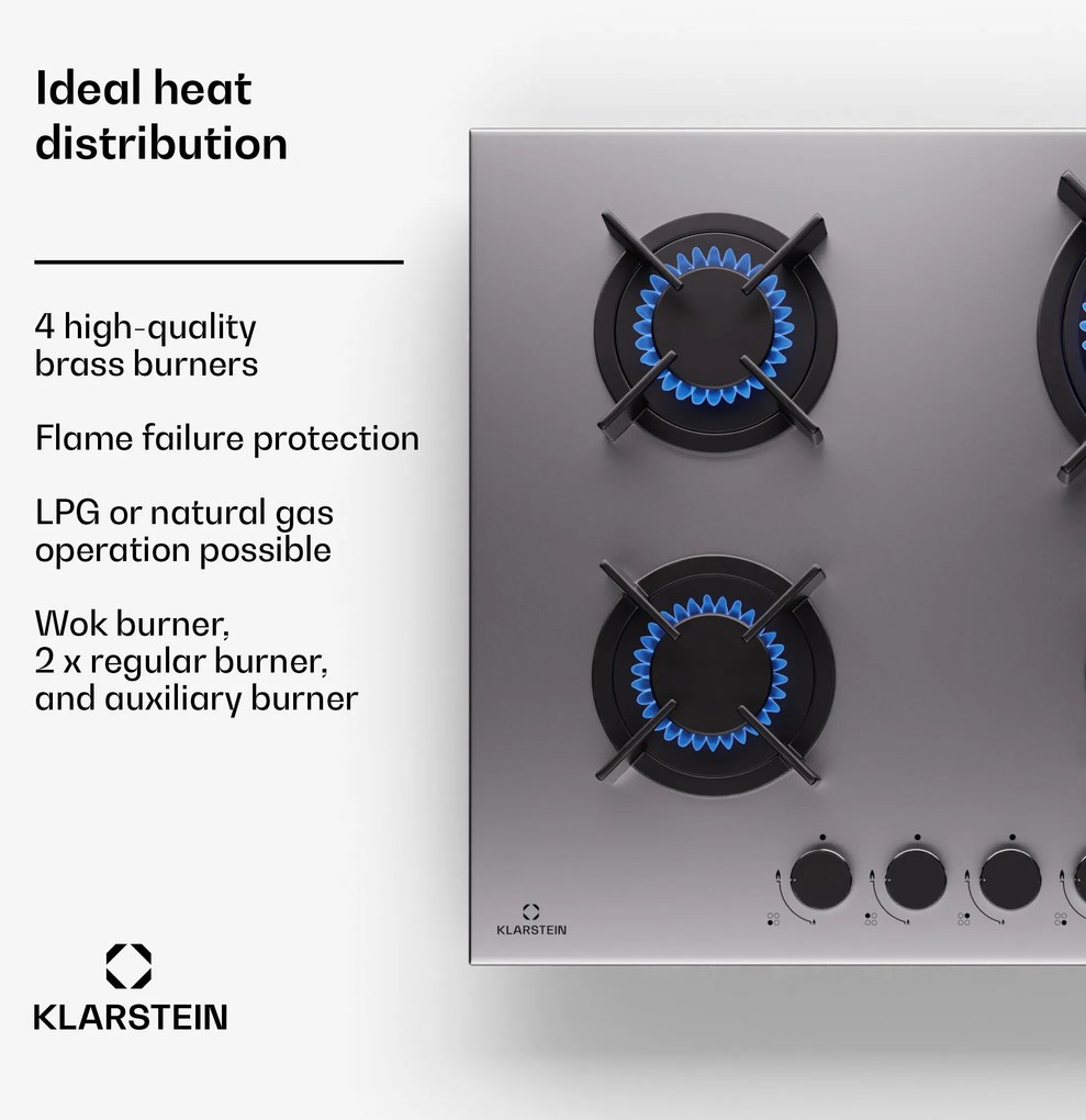 Klarstein Goldflame 60cm Płyta gazowa 4 palniki Srebrny