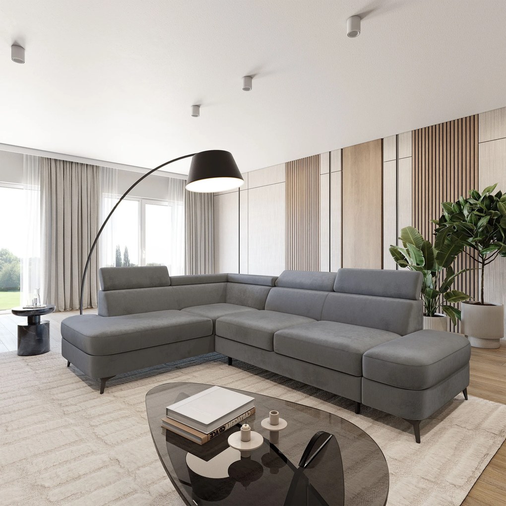 Masseno Narożnik AVISE z funkcją spania i pojemnikiem na pościel Narozniki L, Rozkładana sofa - Szary, MONOLITH 85