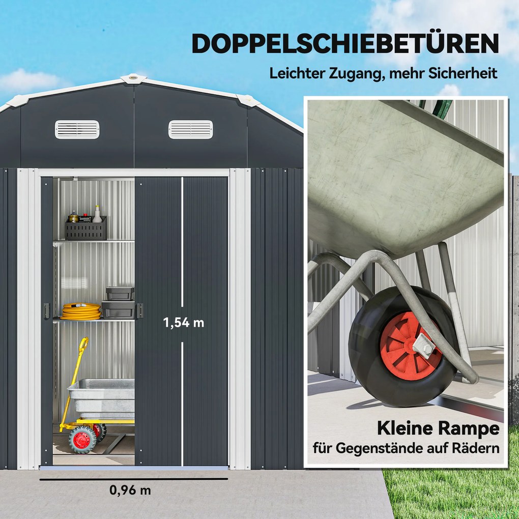 Outsunny Domek narzędziowy do ogrodu, odporny na warunki atmosferyczne, 2 okna, 2 drzwi, 238 x 132 x 198,5 cm, Ciemnoszary