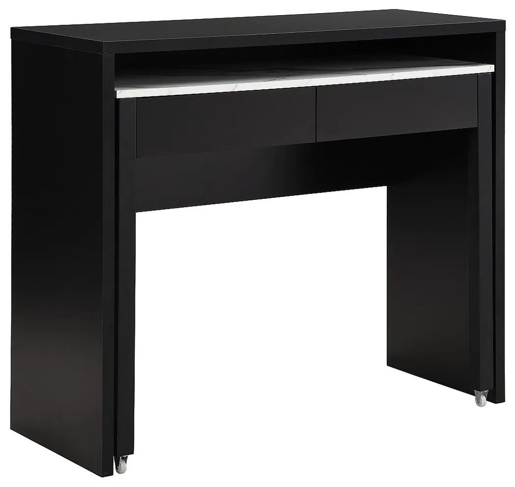 Biurko konsola wysuwane z 2 szufladami - Czarny i efekt białego marmuru - LOAVIA