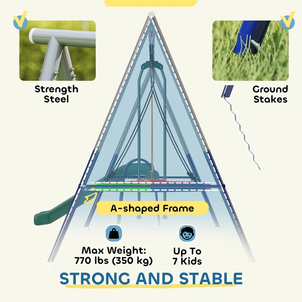 AIYAPLAY 5-w-1 zestaw huśtawek z regulowaną zjeżdżalnią i huśtawką w kształcie gniazda, 382x196x203 cm, wielokolorowy | Aosom PL