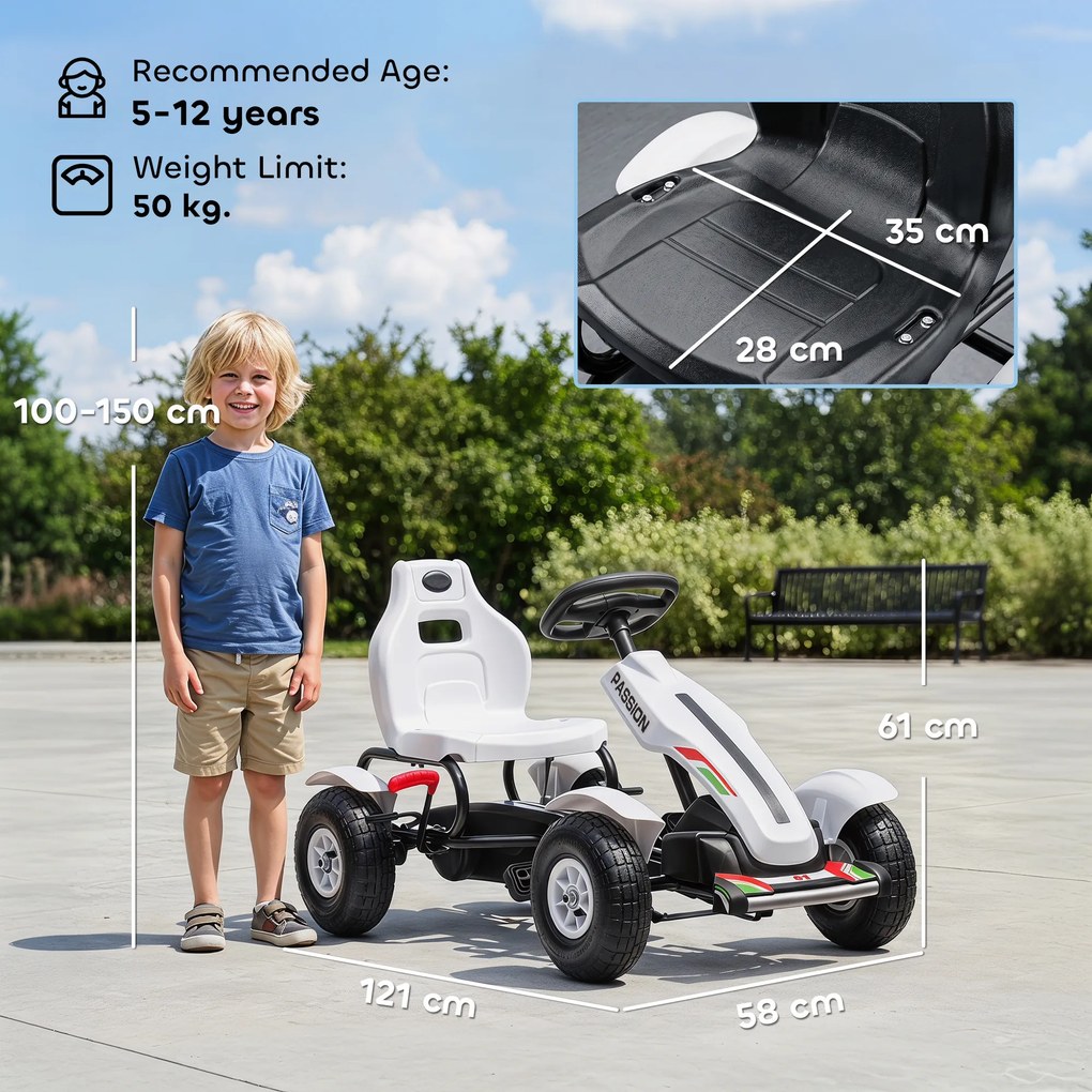 HOMCOM Gokart na pedały z hamulcem ręcznym, regulowanym siedziskiem, bieg przód-tył, do 50 kg dla dzieci 5-12 lat Biały | Aosom PL
