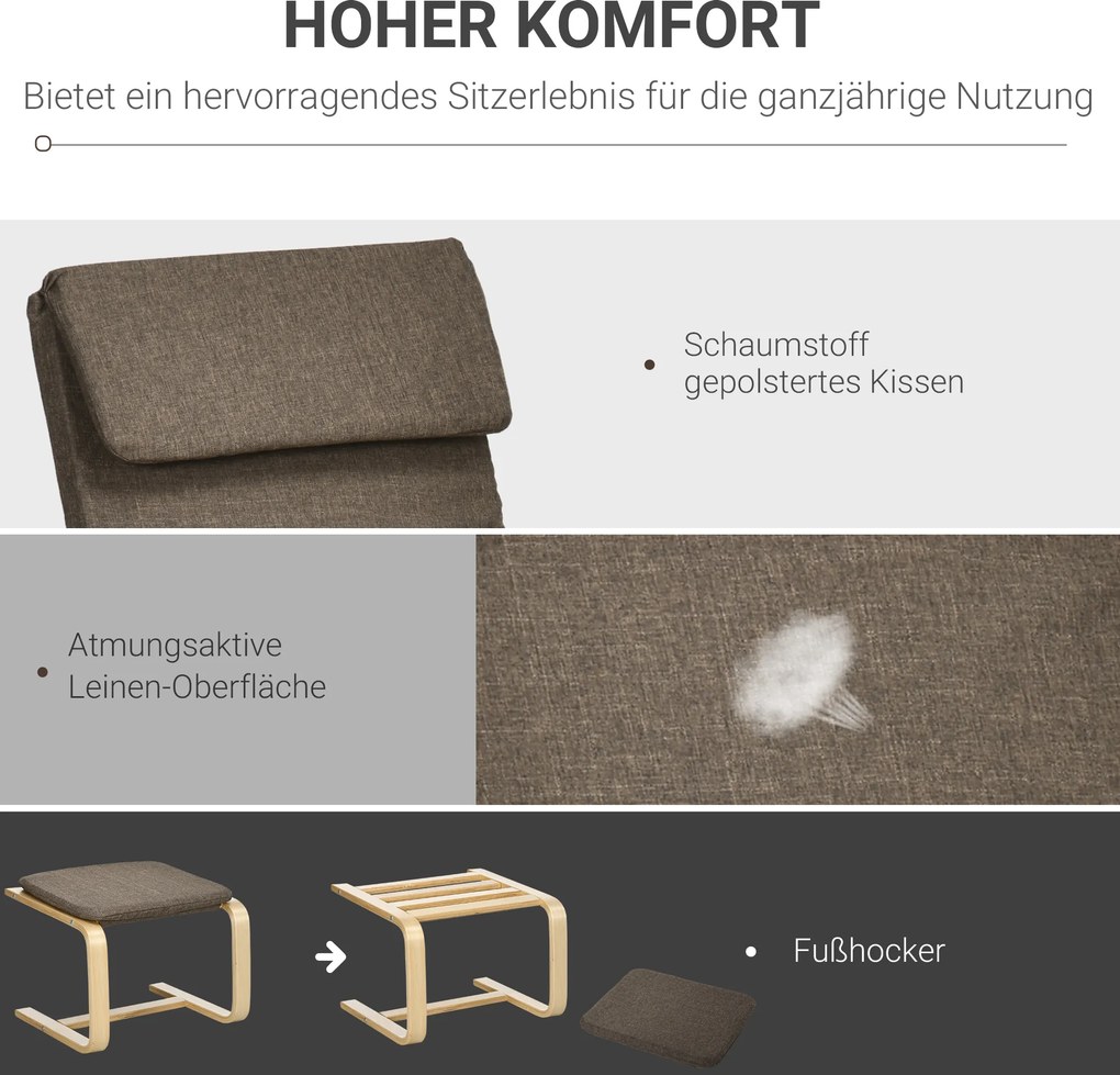 HOMCOM Fotel Relaksacyjny z Podnóżkiem Brązowy Lniany Pokrycie Drewniana Rama Wygodne Siedzisko z Podłokietnikami | Aosom PL