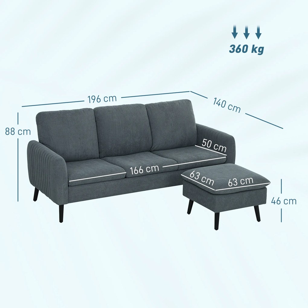 HOMCOM Sofa narożna, 3-osobowa sofa z pufą, Obicie z tkaniny, Zestaw sof L-kształt, Ciemnoszary