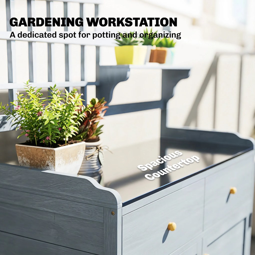 Outsunny Stół do sadzenia z szafką na zewnątrz, drewno, szafka ogrodowa z ocynkowaną powierzchnią roboczą, 2 szuflady, 104x44x140 cm jasnoszary | Aosom PL
