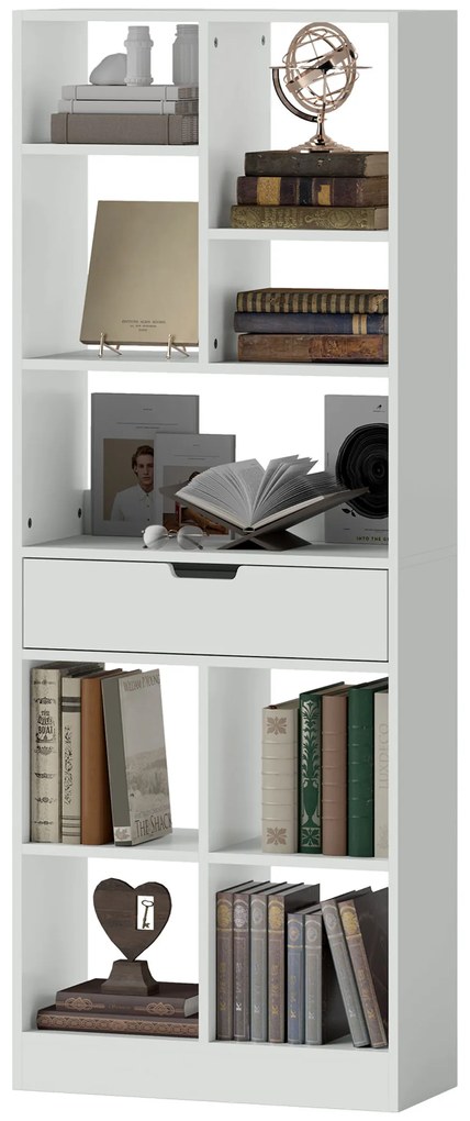 HOMCOM Półka na Książki, Regał Wielofunkcyjny, 9 Półek, Szufalda, Zabezpieczenie Przed Przewróceniem, 60 x 26 x 158 cm, Biały