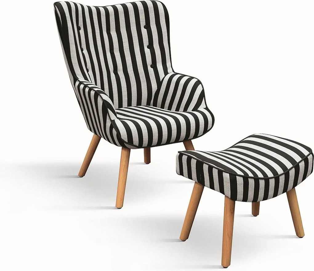 Fotel z tkaniny w czarno-białe paski, drewniane nogi, z podnóżkiem - HAVANA