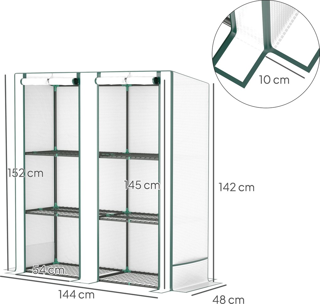 Outsunny Mini szklarnia z 3-poziomową półką, osłona z plastiku, odporna na UV, przenośna, drzwi rolowane, 144 x 48 x 152 cm, Biała