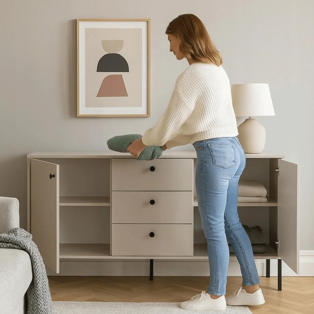 Komoda do Salonu SOFT 154 cm Kaszmir Ryflowana Dwudrzwiowa z Szufladami Nowoczesna