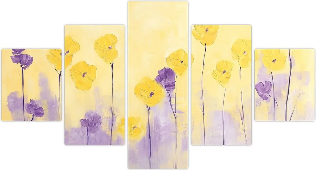 Obraz - Fioletowe i żółte kwiatuszki (125x70 cm)