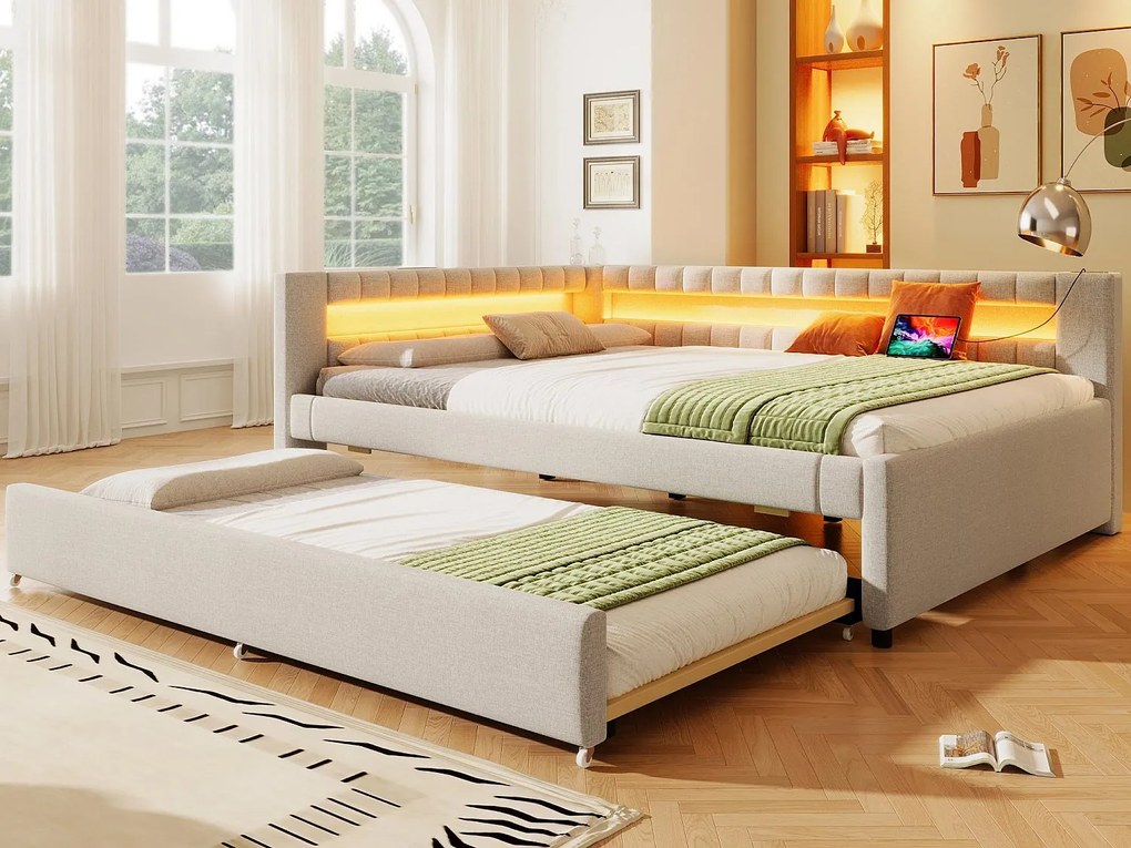 Kanapa rozkładana 140x200 cm - z oświetleniem LED - z łóżkiem wysuwanym - z portami USB + TYPE-C - len - beżowy (materac nie jest w zestawie)