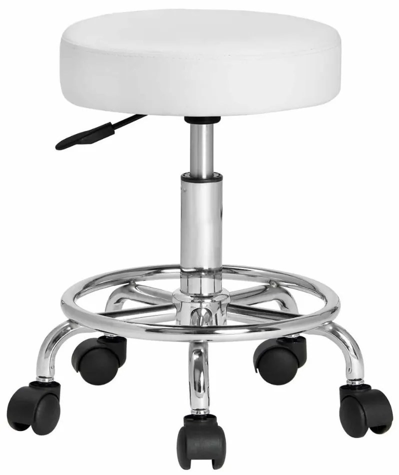 Taboretka na kółkach OXANA z podnóżkiem, Ø35cm, biała Casaria