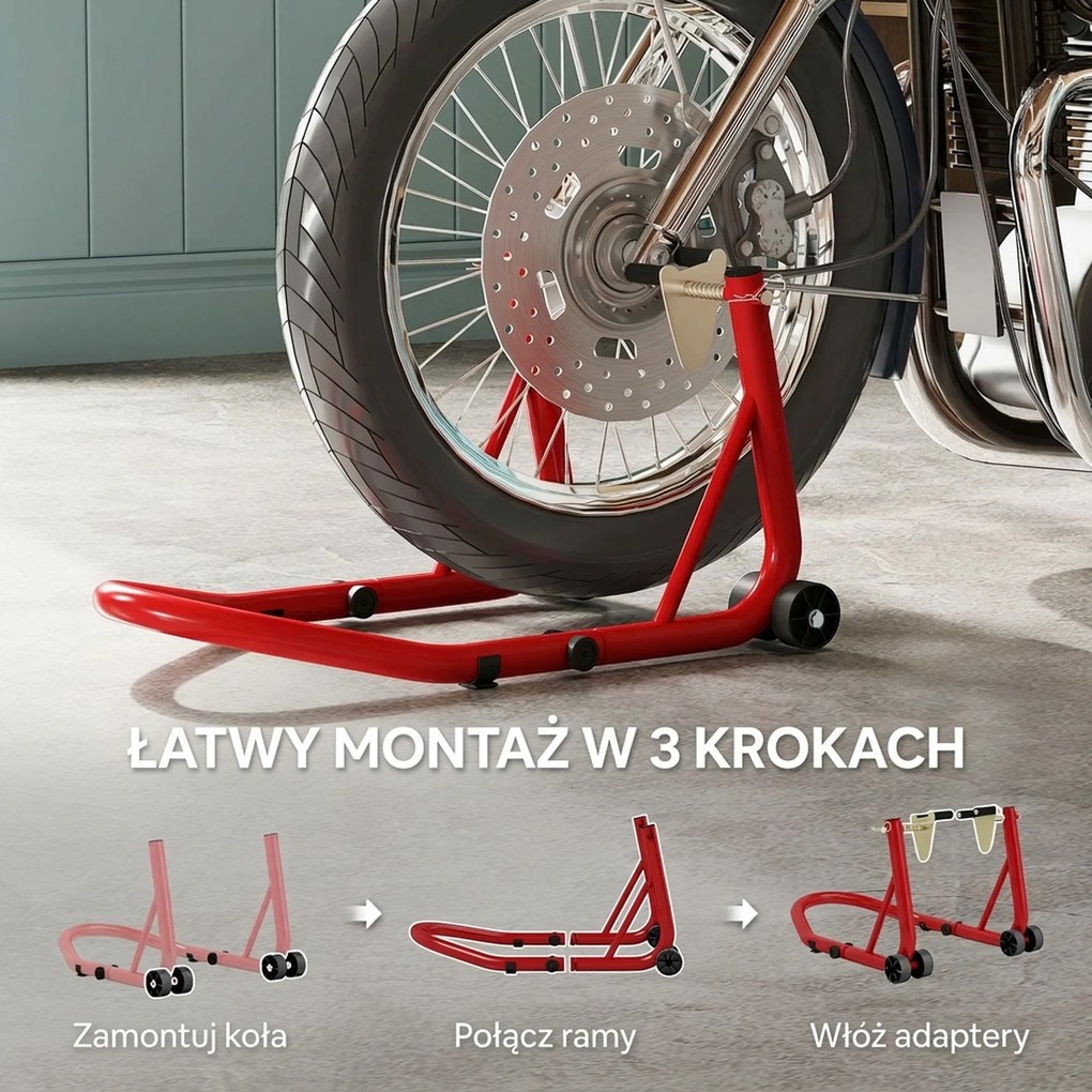HOMCOM Stojak Motocyklowy Zestaw do Przedniego/Tylniego Koła Podnośnik Motocyklowy do 544 kg Stalowy Czerwony