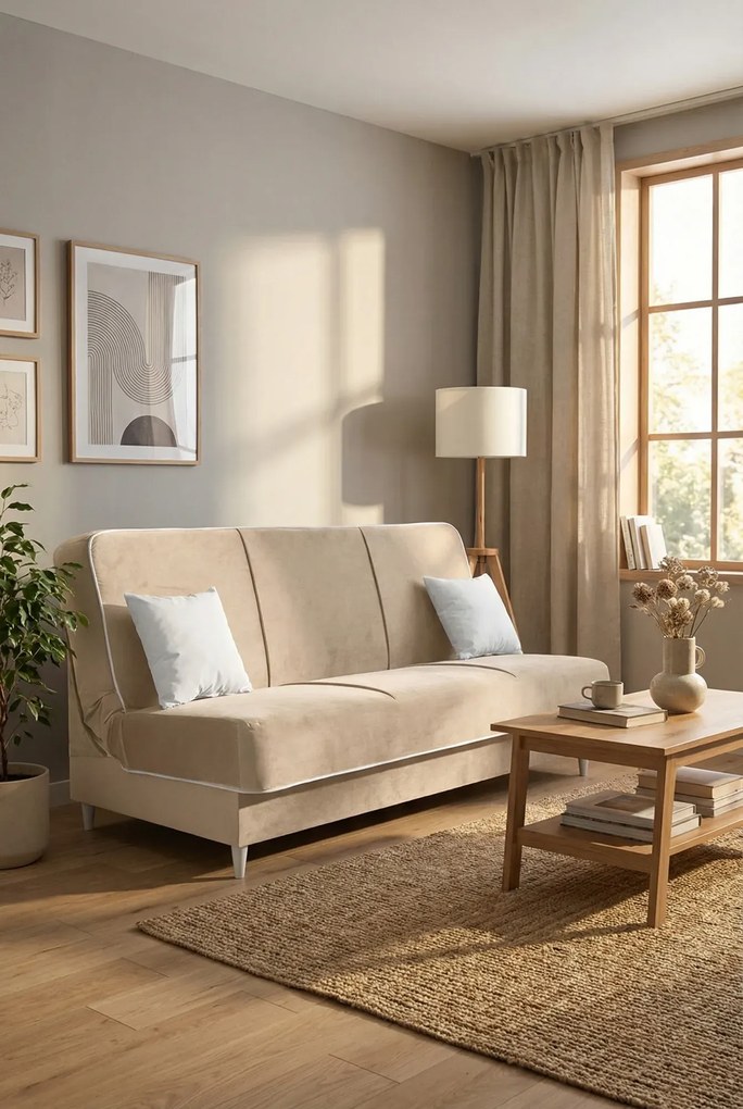 Beżowa tapicerowana welurem wersalka rozkładana T7-R84