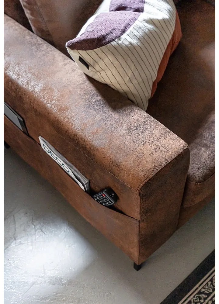 Brązowy narożnik rozkładany z imitacji skóry Miuform Lofty Lilly Vintage, prawostronny