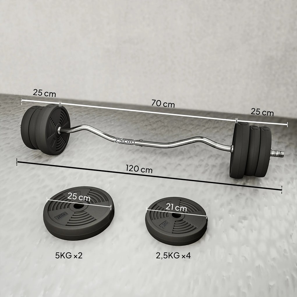 SPORTNOW Zestaw sztangi 25 kg Antypoślizgowy gryf typu curl z 6 obciążeniami, powłoka PVC, stalowy gryf | Aosom PL