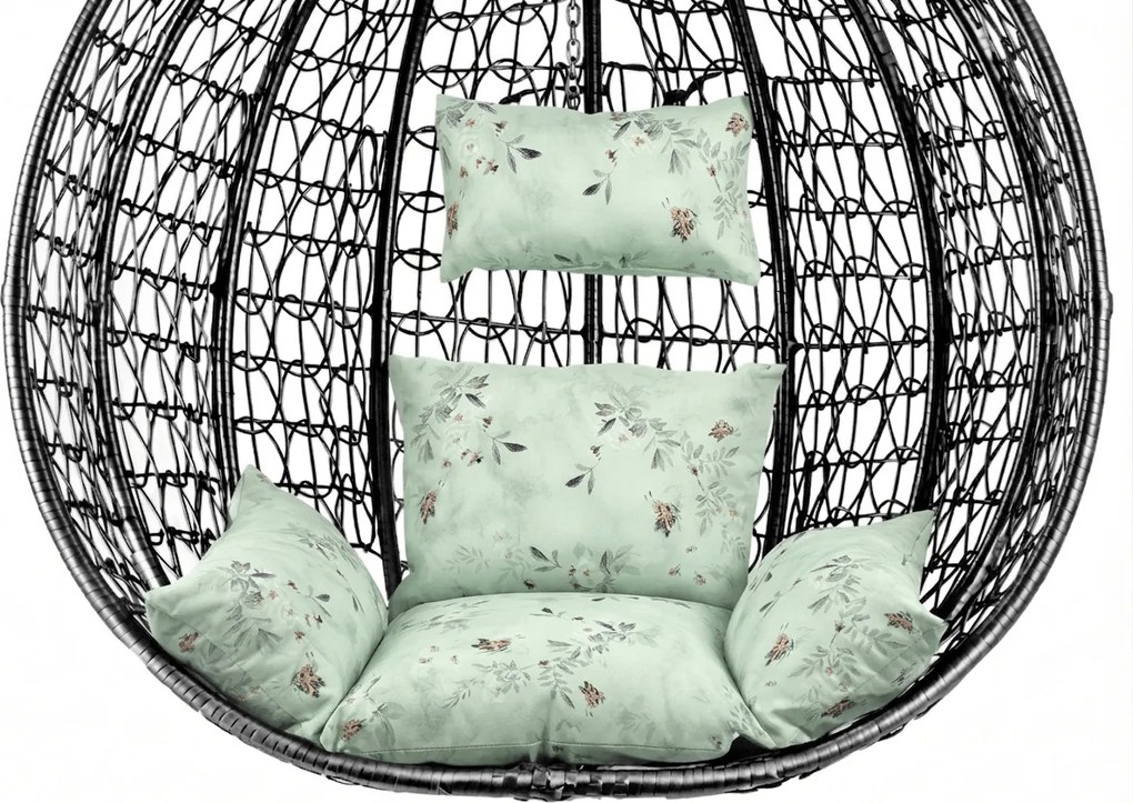 Czarne wiszące krzesło KOKON bez stojaka, jasnozielona poduszka ze wzorem