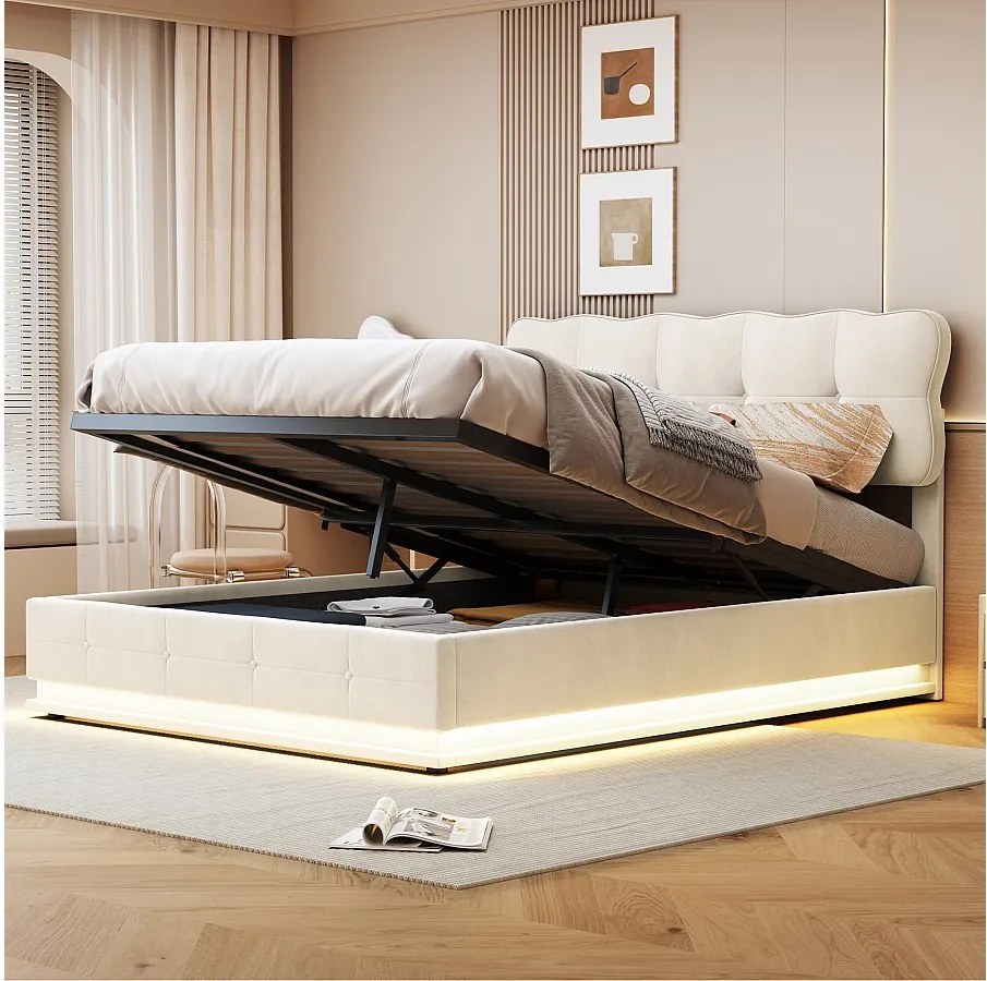 Łóżko z pojemnikiem 160x200 z oświetleniem LED, tapicerowane, z podstawą z listew, aksamit, beżowe