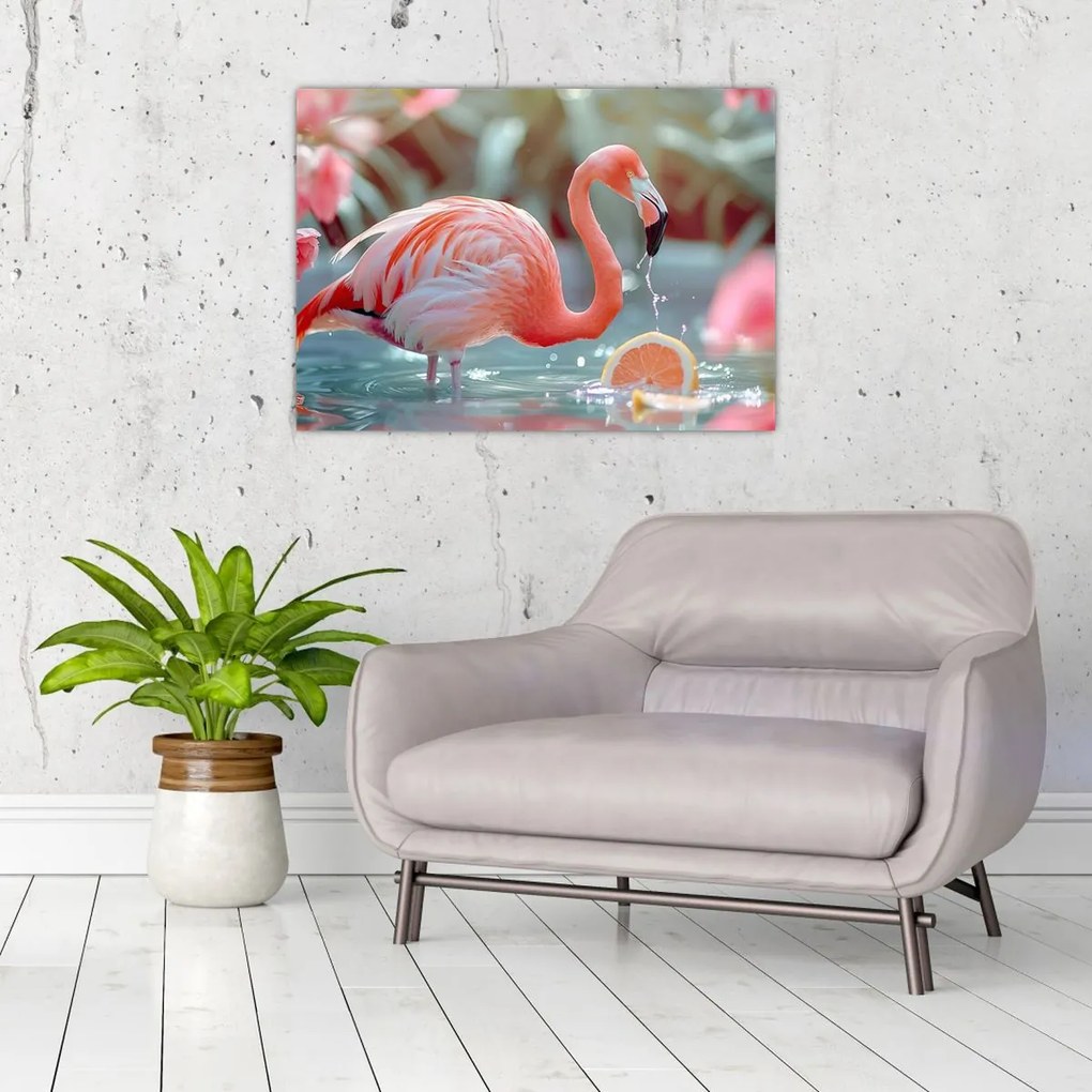 Obraz na szkle - Flaming w stawie (70x50 cm)