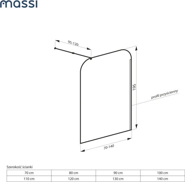 Ścianka prysznicowa przezroczysta 8 mm WALK IN MOLIS CLEAR SQUARE MASSI | rożne rozmiary : Kolor profili kabiny - Gunmetal szczotkowany, Szerokość ścianki - 70 cm