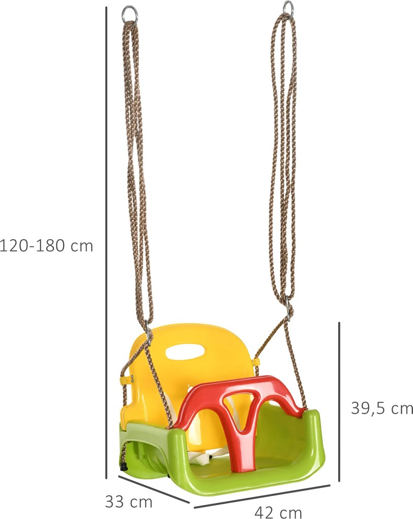 Outsunny Huśtawka dla dzieci 3-w-1 regulowana, z oparciem, pasem bezpieczeństwa, dla dzieci 9-36 miesięcy, zielona | Aosom PL