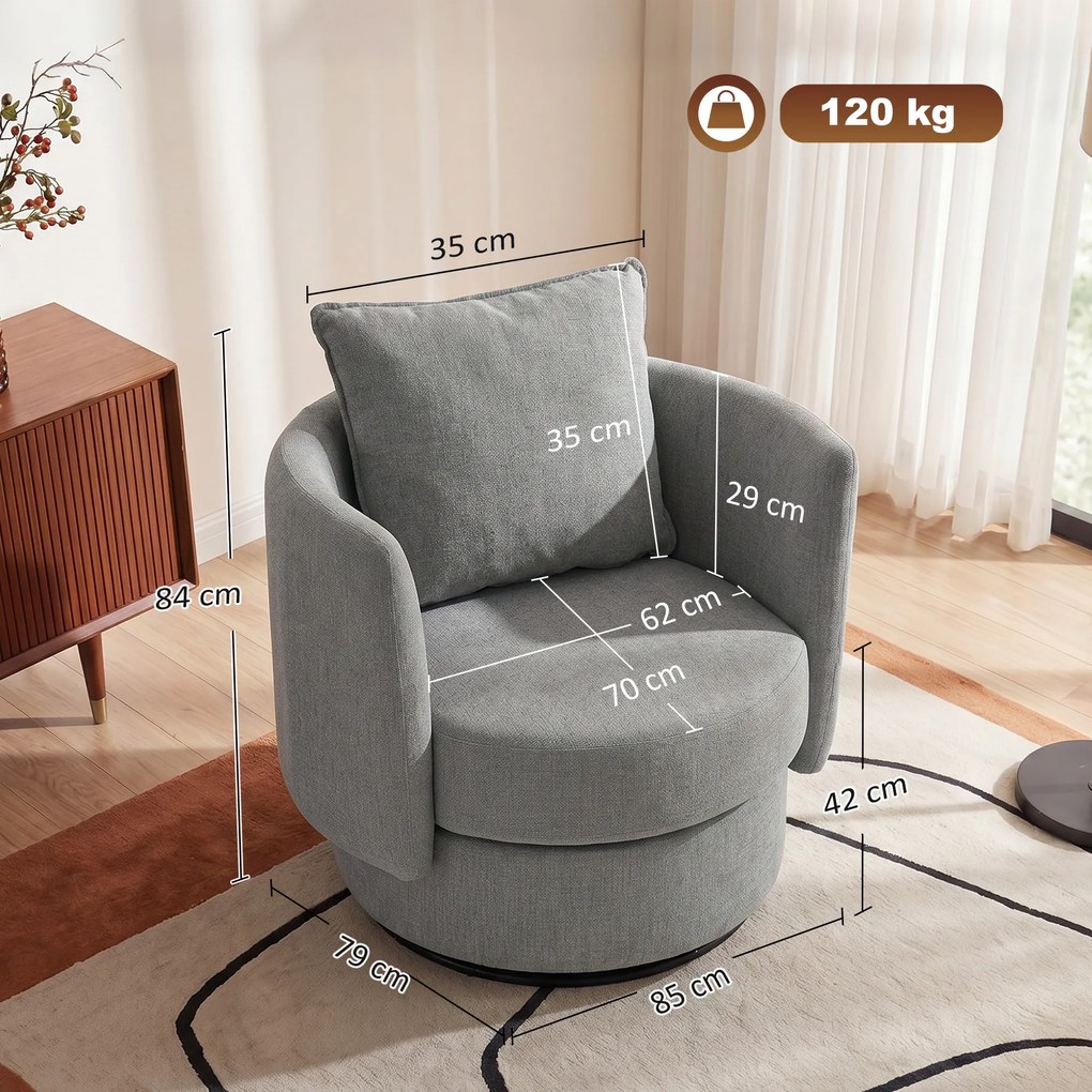 HOMCOM Fotel akcentowy z obrotową podstawą 360°, klubowy fotel wypoczynkowy w tkaninie w wyglądzie lnu z poduszką Jasnoszary | Aosom PL