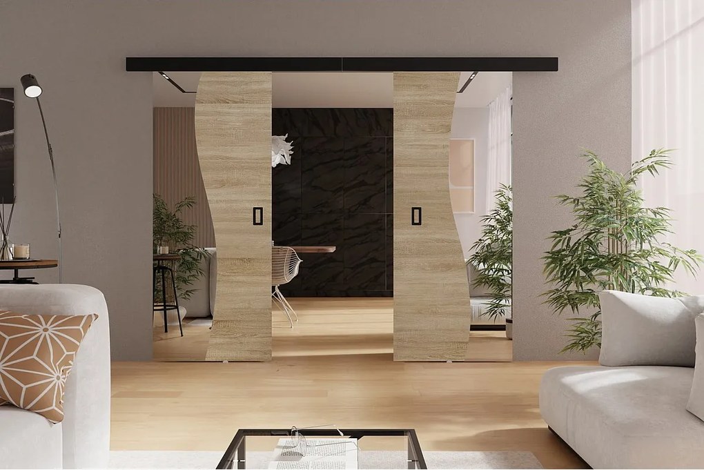 Emporius drzwi przesuwne 130 cm Kaja Duo - drzwi naścienne z lustrem do salonu, garderoby - Dąb sonoma