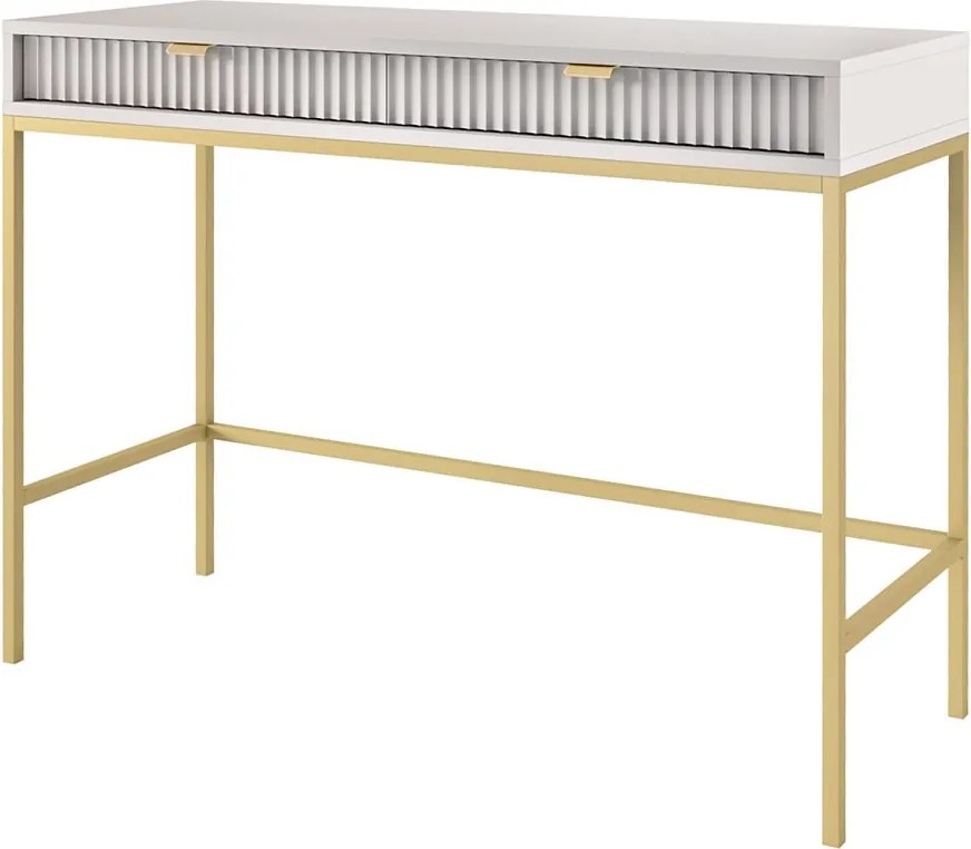 Toaletka Geriffelt z złotymi uchwytami, stalowa rama, biurko MDF, 2 szuflady, rzeźbiona fasada, 104x78x50 cm, matowy szary, złote metalowe nogi