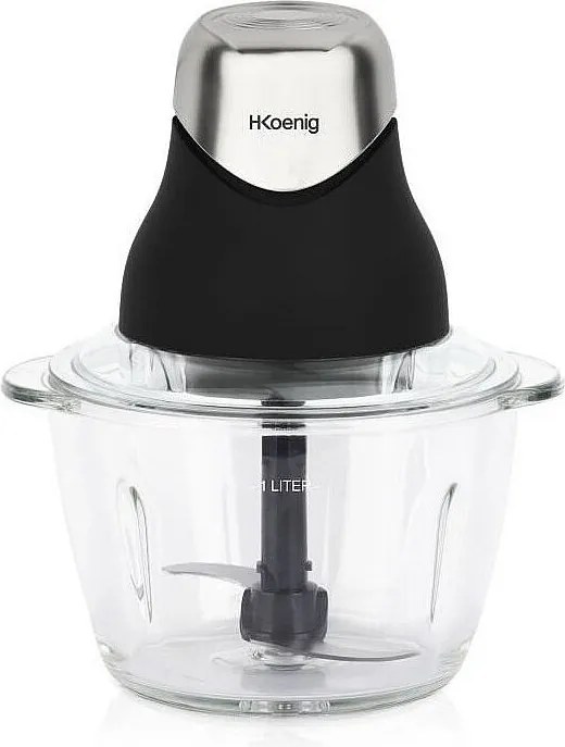 Mini elektryczny siekacz H.Koenig LEO8 320W - Szklana misa 1L, stalowe ostrza, czarny mat i chrom