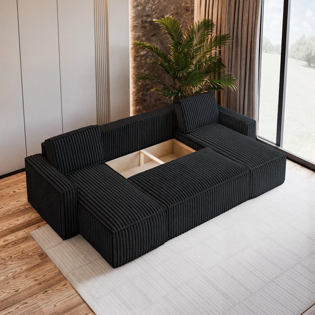 Masseno Narożnik PESANO z funkcją spania i pojemnikiem na pościel Narozniki U, Rozkładana sofa - Czarny, TILIA 100