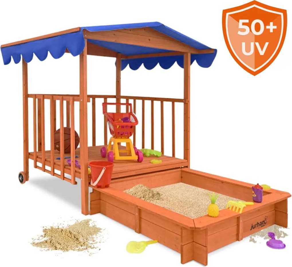 Piaskownica z werandą HAPPY, 130x130x143cm, brązowa/niebieska Jurhan