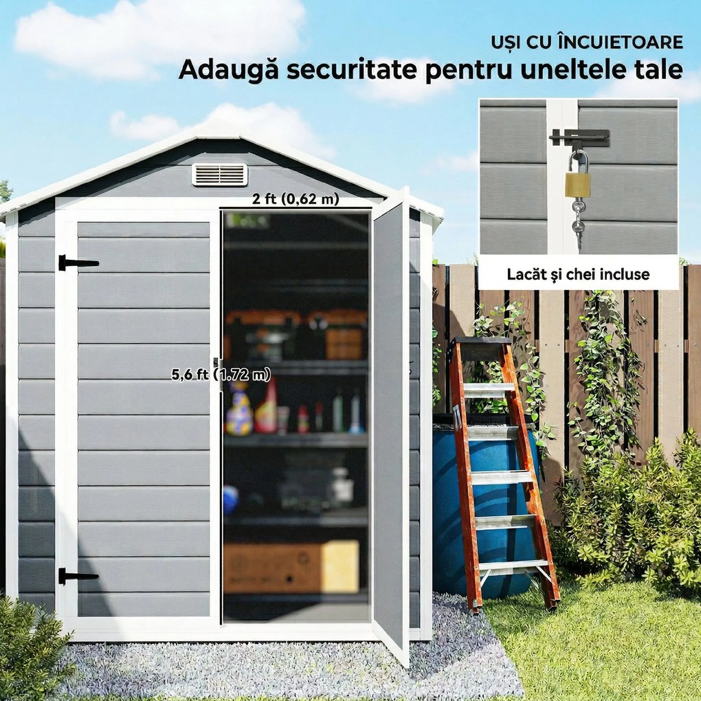 Outsunny Metalowy szop ogrodowy, zamykany na klucz, podwójne drzwi, okno, rama aluminiowa, 1,80 x 1,30 x 2,10 m, Szary