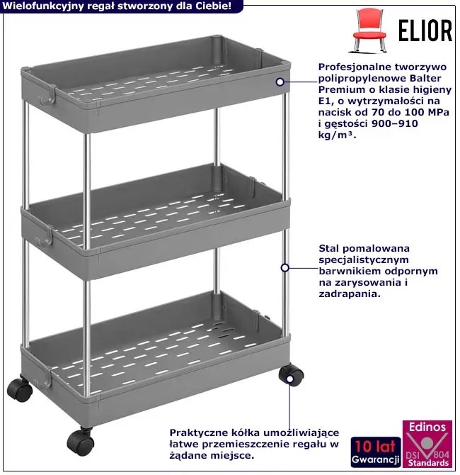 Szary regał mobilny wielofunkcyjny z 3 półkami H8-B47