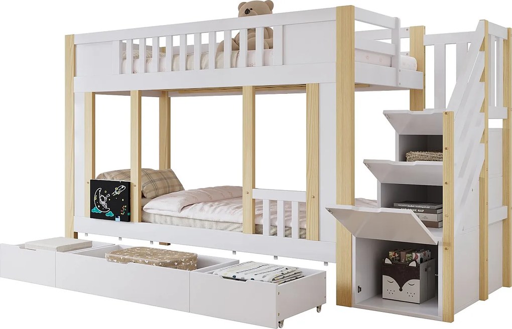 Łóżko piętrowe dla dzieci - 2 x 90 x 200 cm - ze schodkami do przechowywania + 3 szuflady - sosna + MDF + sklejka - białe + naturalne