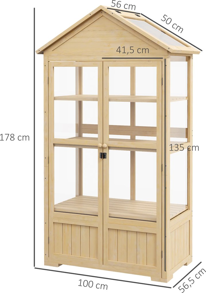 Outsunny Szklarnia z Półką, przezroczysta Obudowa, Okno dachowe, zamykane Drzwi, Akrylowa, Ramka z Drewna, 100x56,5x178 cm