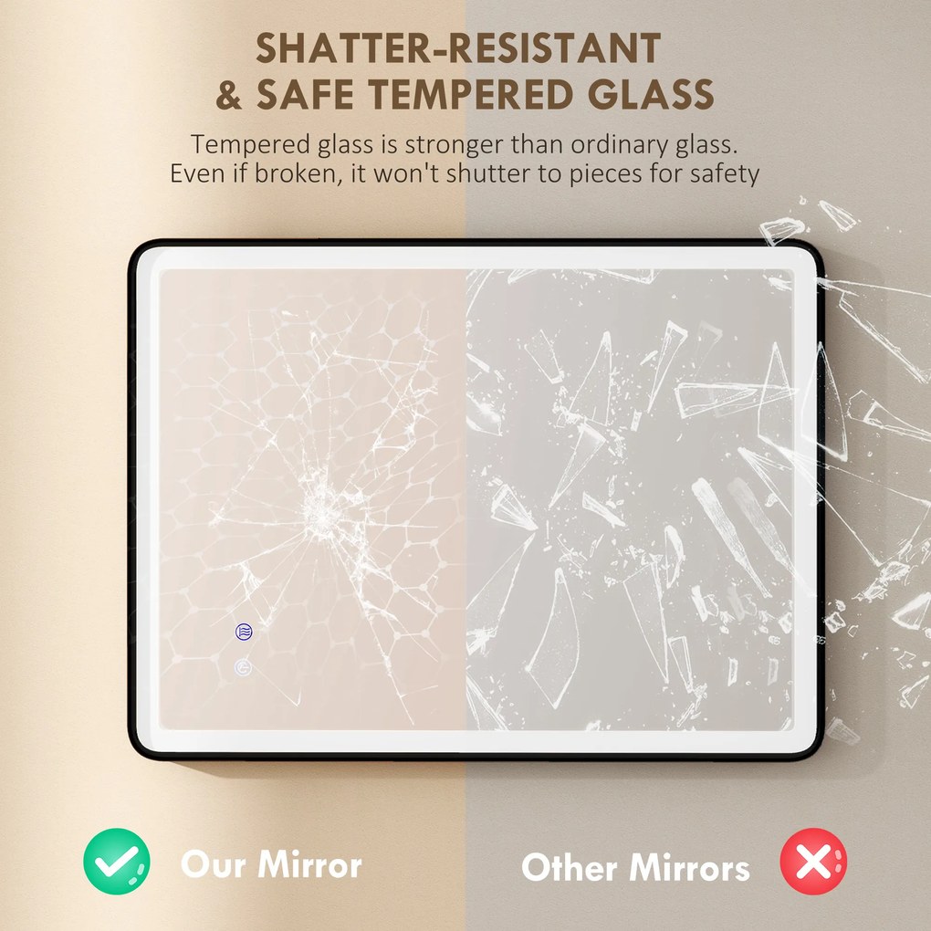 HOMCOM LED Lustro łazienkowe z funkcją przeciwmgielną, lustro do makijażu z oświetleniem, 80 x 60 cm, czarna rama | Aosom PL