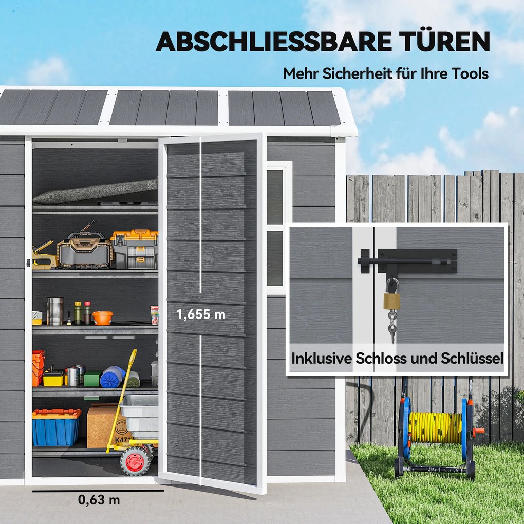 Outsunny Domek ogrodowy, Schowek z podłogą, oknem, zamkiem, z żywicy polipropylenowej, odporny na warunki atmosferyczne, Szary