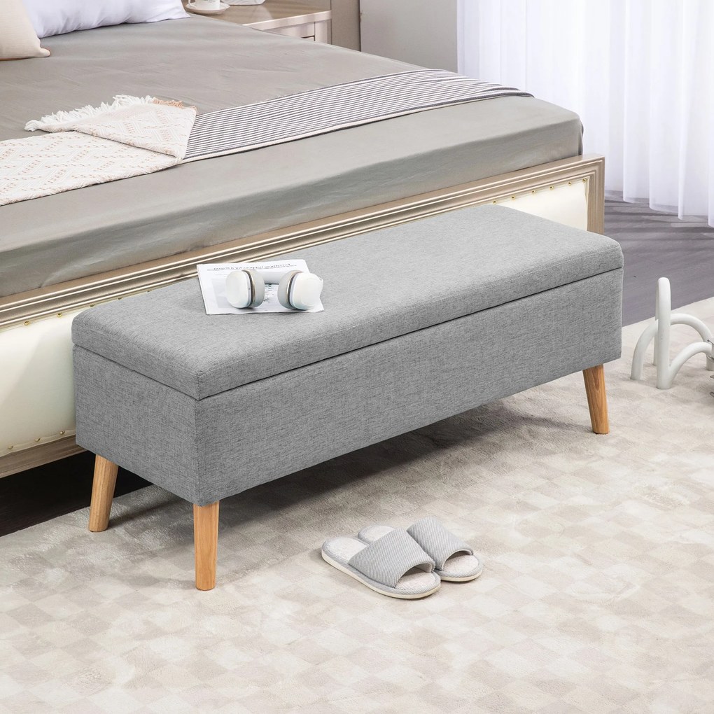 HOMCOM Ławka tapicerowana z przestrzenią do przechowywania, wykończenie w wyglądzie lnu, nogi z drewna kauczukowego, do 220 kg, 110x39x45cm, szara