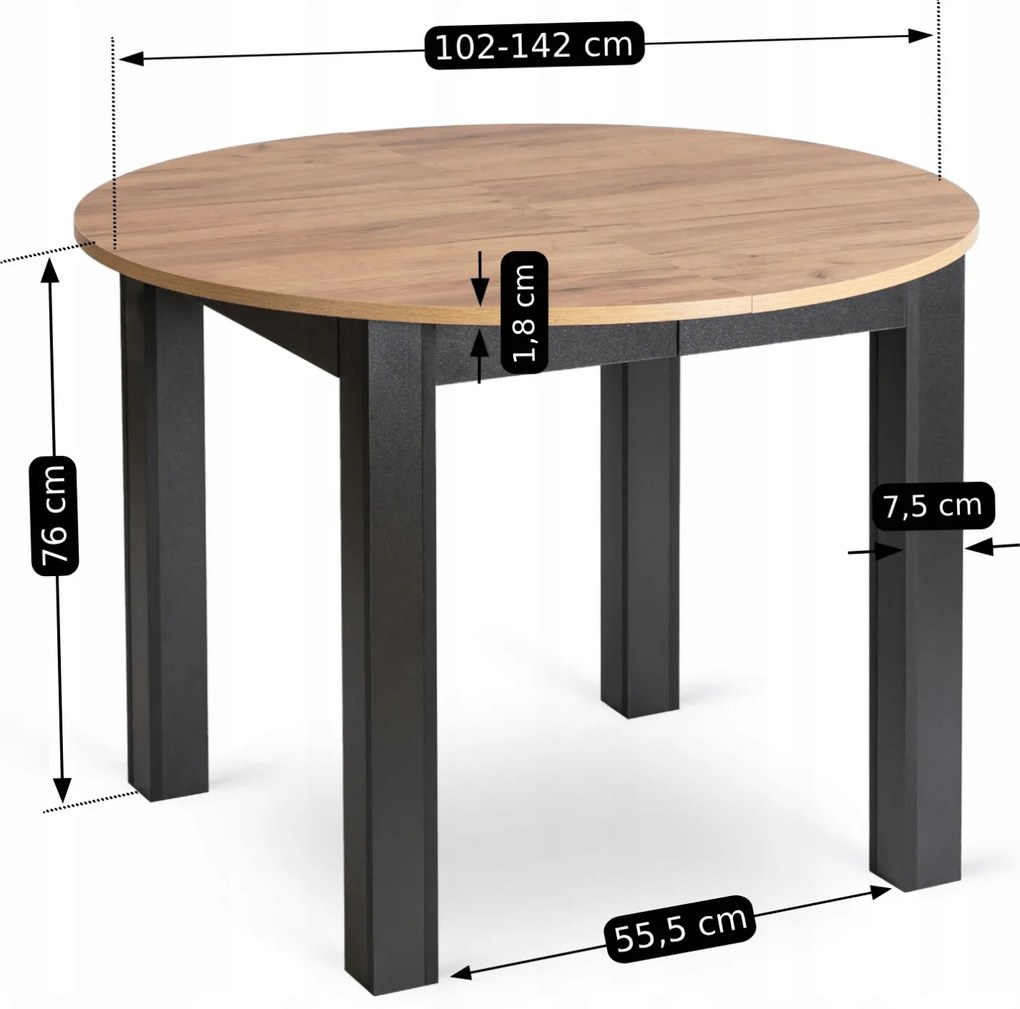 Zestaw Stół Okrągły Rozkładany HARRY 102-142 cm Dąb Craft/Czarny i 6 Krzeseł Tapicerowanych RICK Szarych Nowoczesnych