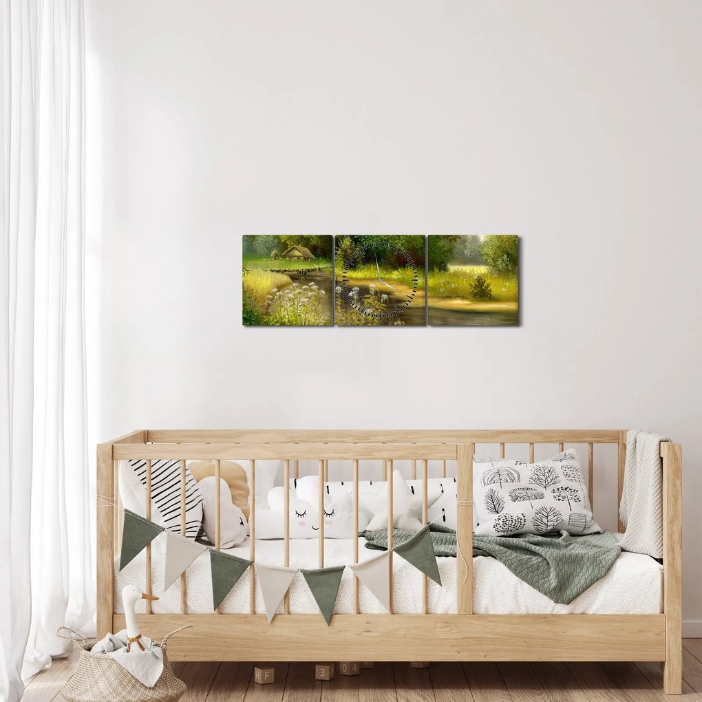 Obraz - Rzeka przy lesie, obraz olejny (z zegarem) (90x30 cm)