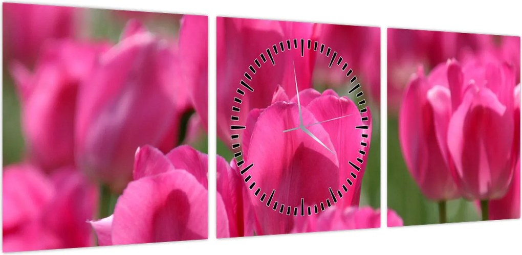 Obraz - Różowe tulipany (z zegarem) (90x30 cm)