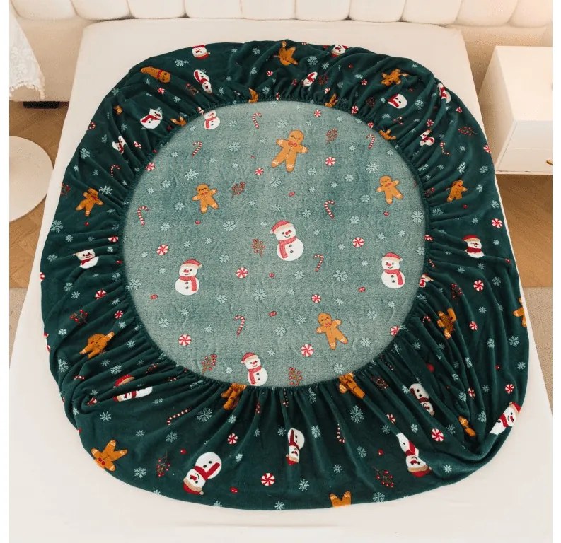 PrzytulneMieszkanie.pl Prześcieradło z mikropluszu SNOWMAN AND GINGERBREAD 160x200 cm zielone