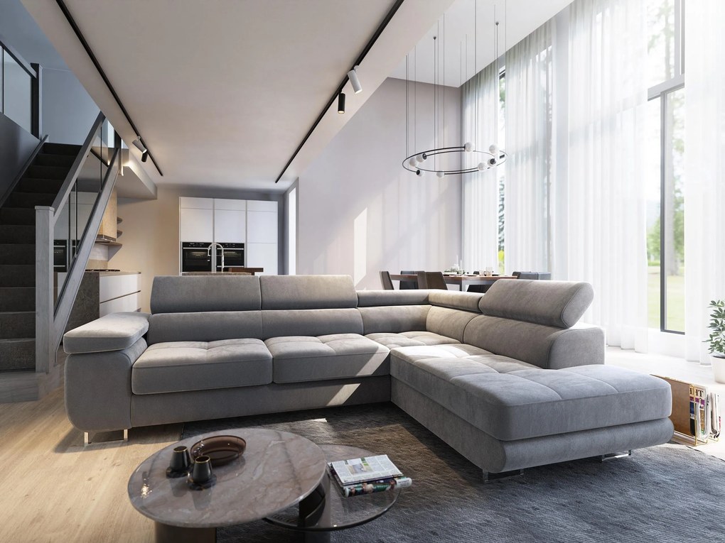 Masseno Narożnik SELVA z Funkcją Spania i Pojemnikiem na Pościel Narożnik L, Rozkładana sofa - Jasnoszary, MONOLITH 84