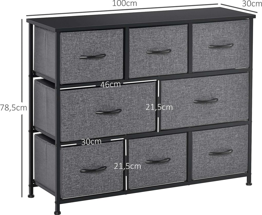 HOMCOM Komoda z 8 Szufladami z Tkaniny, 2 Duże, 6 Małe, Ramą Metalową, Zabezpieczenie Przed Przewróceniem, Szara