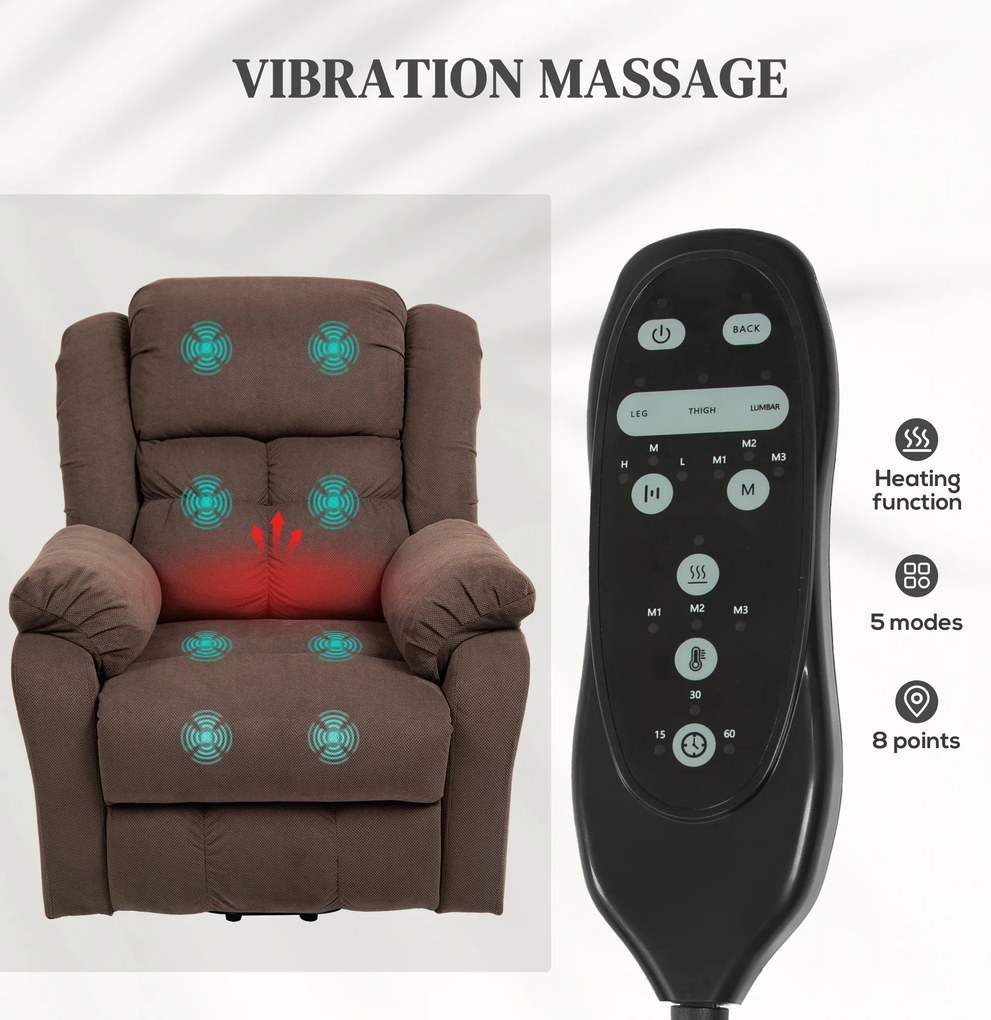 HOMCOM Fotel z Pomocą przy Wstawaniu, Maszającym i Ogrzewaniem Odcinka Lędźwiowego, Relaksacyjny z Pilotami i Bocznymi Kieszeniami, Ciemnobrązowy