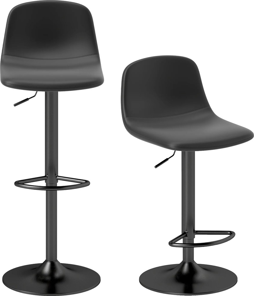 HOMCOM Zestaw 2 krzeseł barowych, obrotowe, z oparciem i podnóżkiem, podstawa metalowa, Sztuczna skóra, Czarny