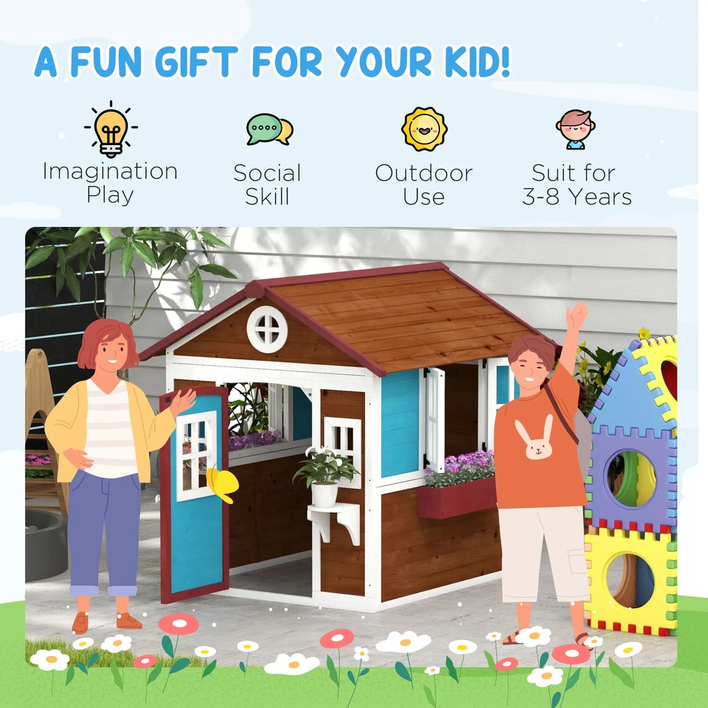 Outsunny Domek zabaw dla dzieci, Drewniany domek ogrodowy z oknami, doniczkami, na zewnątrz, 3-8 lat, Niebieski