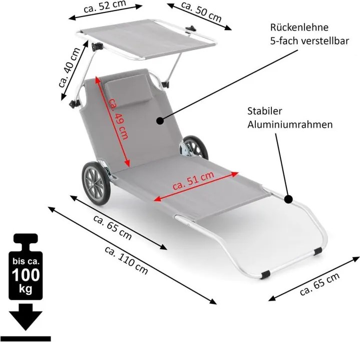 Składany leżak ogrodowy z kółkami i zadaszeniem, szary