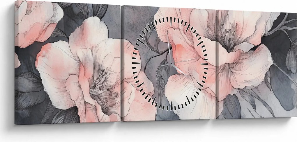 Obraz - Szkic kwiatów (z zegarem) (90x30 cm)