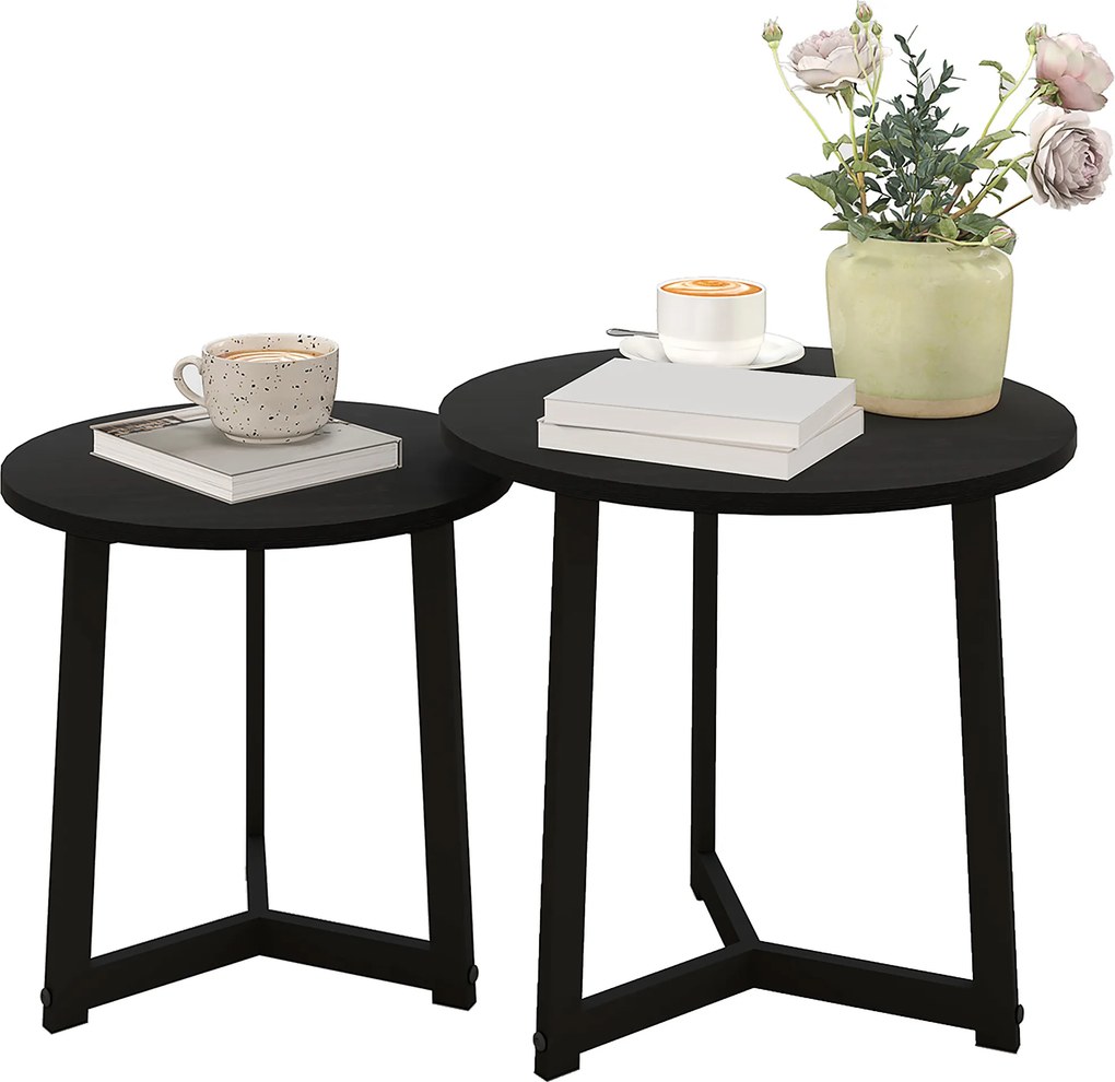 HOMCOM Nowoczesny zestaw 2 stolików kawowych, Rama metalowa, MDF, Okrągły design, Wsuwane, Czarny